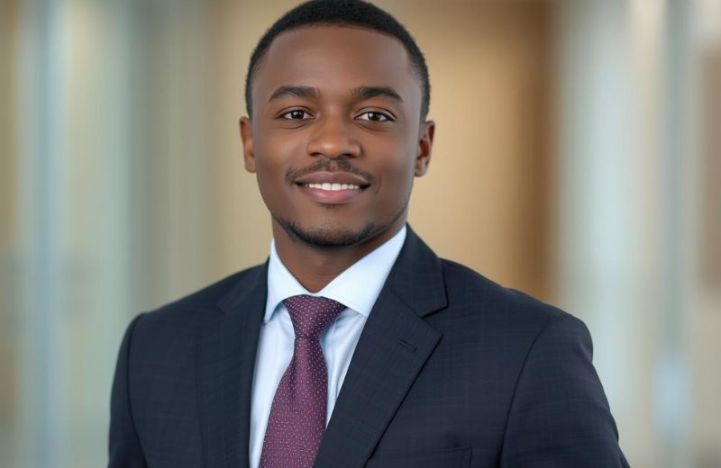 Jeune professionnel ivoirien posant pour une photo CV dans un cadre professionnel.