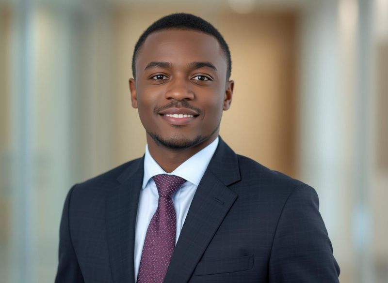 Jeune professionnel ivoirien posant pour une photo CV dans un cadre professionnel.