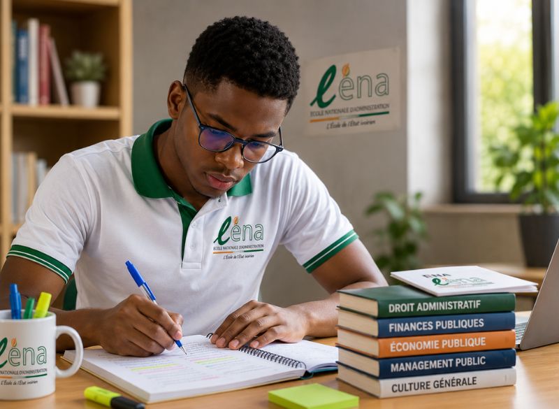 candidat préparant le concours ENA Côte d'Ivoire avec documents de révision – MaCarrierePro